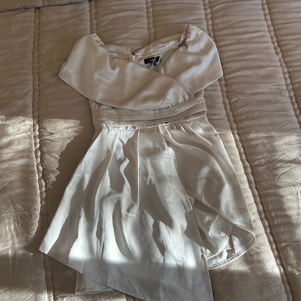 Lulus Always Celebrating Ivory Satin Off-the-Shoulder Mini Dress size S